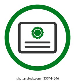 Diploma vector icon. Style is bicolor flat rounded symbol, green and gray colors, rounded angles, white background.