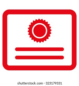 Diploma vector icon. Style is flat symbol, red color, rounded angles, white background.