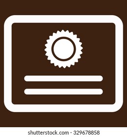 Diploma vector icon. Style is flat symbol, white color, rounded angles, brown background.