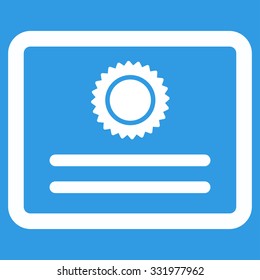 Diploma vector icon. Style is flat symbol, white color, rounded angles, blue background.