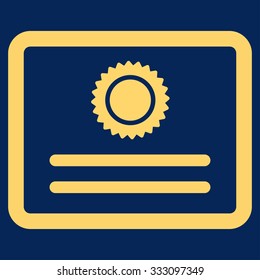 Diploma vector icon. Style is flat symbol, yellow color, rounded angles, blue background.