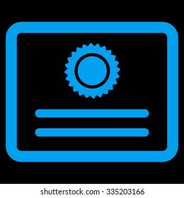 Diploma vector icon. Style is flat symbol, blue color, rounded angles, black background.