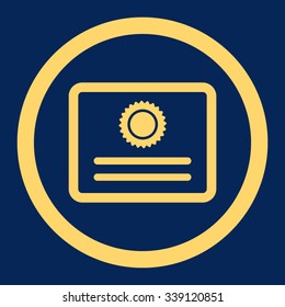 Diploma vector icon. Style is flat rounded symbol, yellow color, rounded angles, blue background.