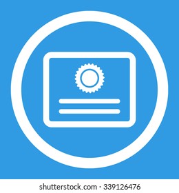 Diploma vector icon. Style is flat rounded symbol, white color, rounded angles, blue background.