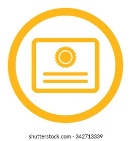 Diploma vector icon. Style is flat rounded symbol, yellow color, rounded angles, white background.