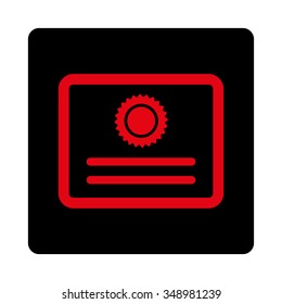 Diploma vector icon. Style is flat rounded square button, intensive red and black colors, white background.