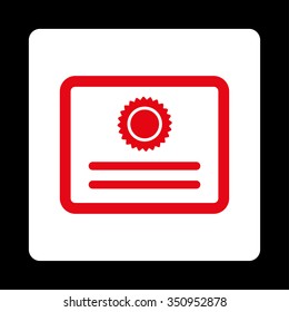 Diploma vector icon. Style is flat rounded square button, red and white colors, black background.