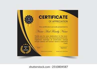 Diseño de plantilla de Vector de diploma. Lujo Negro y oro certificado de apreciación Plantilla fronteriza con insignia y línea moderna y Formas. Para premios, negocios y necesidades educativas. 

