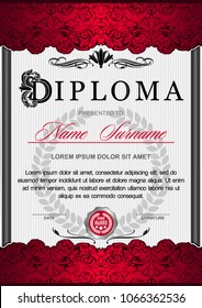 The diploma is vertical in the style of vintage, rococo, baroque. Decorated with classic floral ornamentation, columns, flourish and Ornamented capital letter D. Bordeaux red and silver color scheme