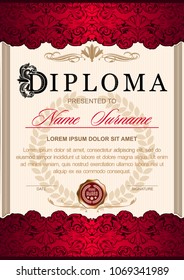 diploma is vertical in the style of vintage, rococo, baroque. Decorated with classic floral ornamentation, columns, flourish and Ornamented capital letter D. Bordeaux red and gold color scale