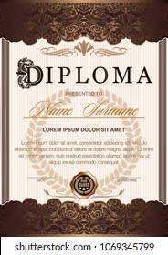 diploma is vertical in the style of vintage, rococo, baroque. It is decorated with classic floral ornamentation, columns, flourish and Ornamented capital letter D. Brown (chocolate) and golden color s
