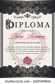 diploma is vertical in the style of vintage, rococo, baroque. Decorated with classic floral ornamentation, columns, flourish and Ornamented capital letter D. black, silver and red color