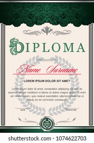 diploma is vertical in the style of vintage, rococo, baroque. It is decorated with classical floral ornament, columns, flourish and Ornamented capital letter D. Green and silver color scale