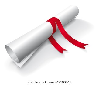 Diploma envuelto con una cinta roja sobre fondo blanco - Vector - Cada elemento sobre una capa diferente, fácil de modificar.