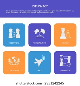 Diplomacy banner with international relations, negotiations and cooperation symbols. Vector illustration.