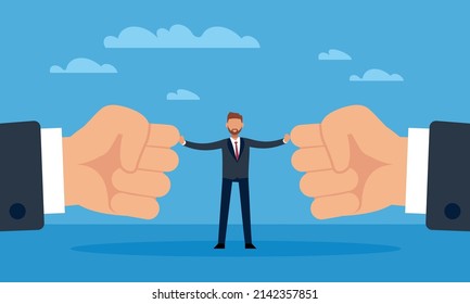 Diplomacy. Broker, diplomacy meeting with buffer, prevention of conflict, businessman between two fists, opposition mind, confrontation and competition, vector cartoon flat concept