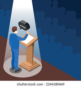 Diplomacy and diplomat colored isometric concept a man in a suit stands on the podium vector illustration