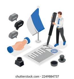 Diplomacy and diplomat colored and isometric concept handshake flag of the country seals, documents and signature vector illustration
