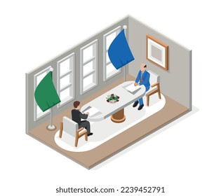 Diplomacy and diplomat isometric composition two high ranking officials sitting across the table from each other vector illustration
