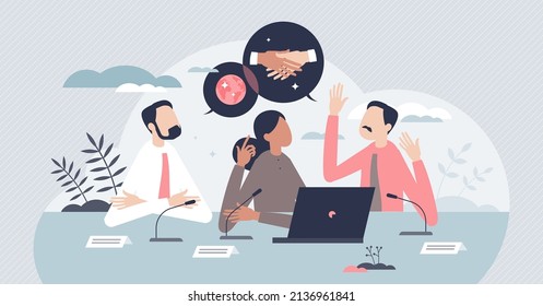 Diplomacy and diplomatic foreign united relationship tiny person concept. International country discussion meeting about political cooperation or partnership vector illustration. United interaction.