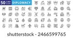 Diplomacy icon set with comprises spoken, written communication, leader, diplomats, international system and foreign policy.