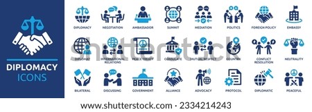 Diplomacy icon set. Containing ambassador, negotiation, embassy, diplomat, neutrality, foreign policy, consulate, international relations and peace treaty. Solid icons vector collection.