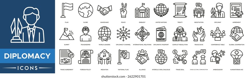 Conjunto de ícones da diplomacia. Bandeira, Globo, Handshake, Paz, Embaixada, Nações Unidas e Tratado