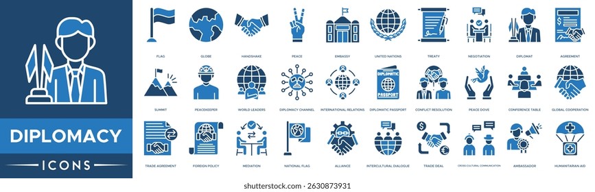 Conjunto de ícones da diplomacia. Bandeira, Globo, Handshake, Paz, Embaixada, Nações Unidas e Tratado