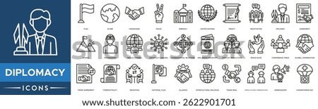Diplomacy icon set. Flag, Globe, Handshake, Peace, Embassy, United Nations and Treaty