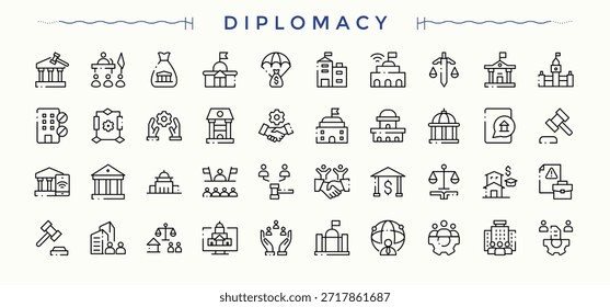 Diplomatie Ikone im linearen Stil gesetzt. Politik einfache Ikone gesetzt. Enthält Symbole wie Frieden, Verhandlung, diplomatische, Botschaft, Politik, Bündnis, bilaterale und mehr. Bearbeitbare Strichauflistungen.