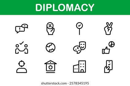 Diplomacy Icons. Professional Vector Illustrations for International Relations, Negotiations, and Global Communication Projects