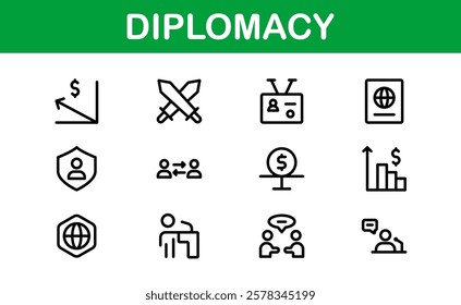 Diplomacy Icons. Professional Vector Illustrations for International Relations, Negotiations, and Global Communication Projects