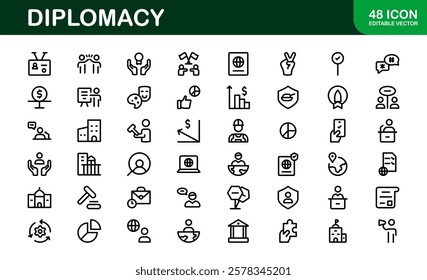 Diplomacy Icons. Professional Vector Illustrations for International Relations, Negotiations, and Global Communication Projects