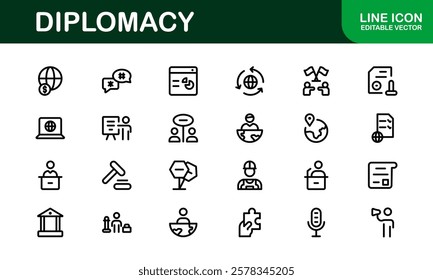 Diplomacy Icons. Professional Vector Illustrations for International Relations, Negotiations, and Global Communication Projects