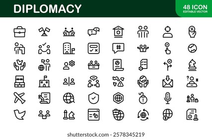 Diplomacy Icons. Professional Vector Illustrations for International Relations, Negotiations, and Global Communication Projects