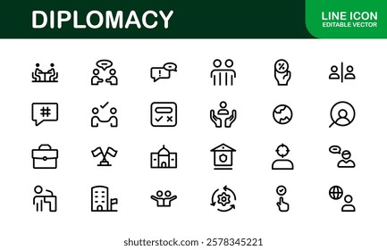 Diplomacy Icons. Professional Vector Illustrations for International Relations, Negotiations, and Global Communication Projects