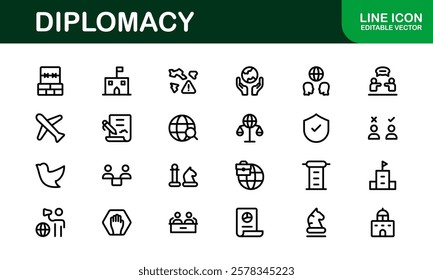 Diplomacy Icons. Professional Vector Illustrations for International Relations, Negotiations, and Global Communication Projects