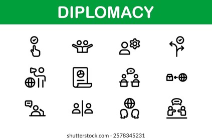 Diplomacy Icons. Professional Vector Illustrations for International Relations, Negotiations, and Global Communication Projects