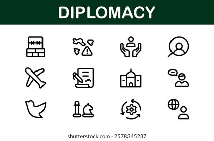 Diplomacy Icons. Professional Vector Illustrations for International Relations, Negotiations, and Global Communication Projects