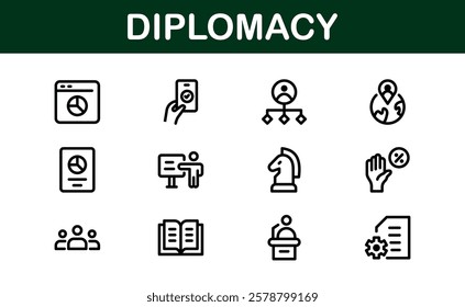 Diplomacy Icons. Professional Vector Illustrations for International Relations, Negotiations, and Global Communication Projects