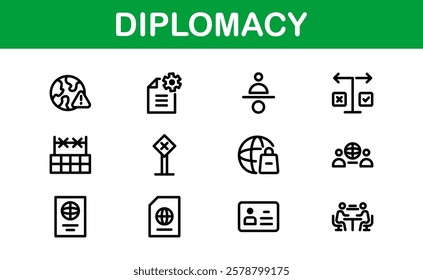 Diplomacy Icons. Professional Vector Illustrations for International Relations, Negotiations, and Global Communication Projects