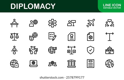 Diplomacy Icons. Professional Vector Illustrations for International Relations, Negotiations, and Global Communication Projects