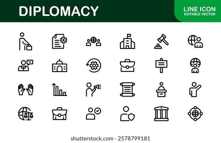 Diplomacy Icons. Professional Vector Illustrations for International Relations, Negotiations, and Global Communication Projects