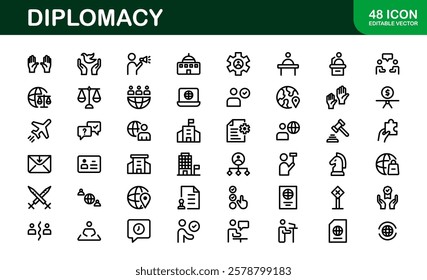 Diplomacy Icons. Professional Vector Illustrations for International Relations, Negotiations, and Global Communication Projects