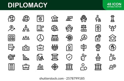 Diplomacy Icons. Professional Vector Illustrations for International Relations, Negotiations, and Global Communication Projects