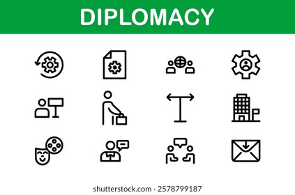 Diplomacy Icons. Professional Vector Illustrations for International Relations, Negotiations, and Global Communication Projects