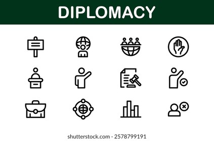 Diplomacy Icons. Professional Vector Illustrations for International Relations, Negotiations, and Global Communication Projects