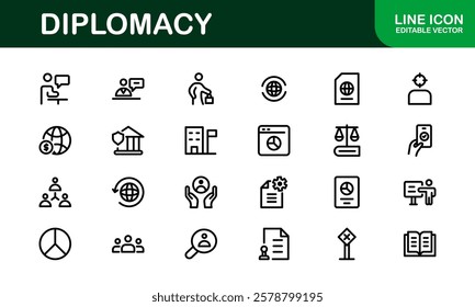 Diplomacy Icons. Professional Vector Illustrations for International Relations, Negotiations, and Global Communication Projects