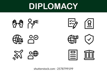 Diplomacy Icons. Professional Vector Illustrations for International Relations, Negotiations, and Global Communication Projects