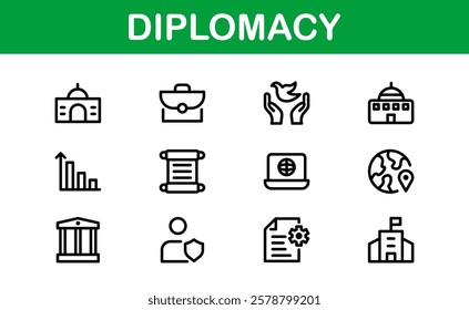 Diplomacy Icons. Professional Vector Illustrations for International Relations, Negotiations, and Global Communication Projects